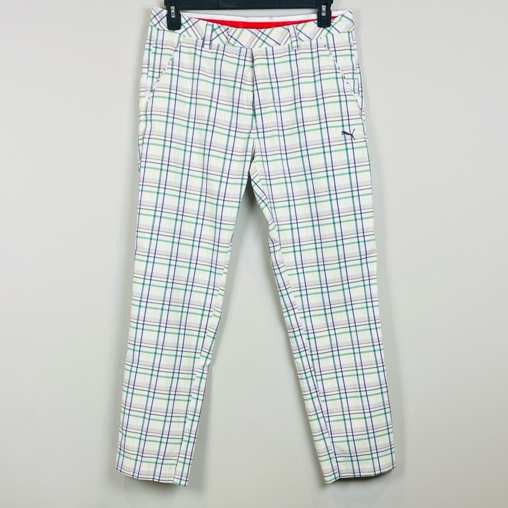 Puma Men's 32X30 Performance Plaid Golf Straight Flat Front Blue White Pants